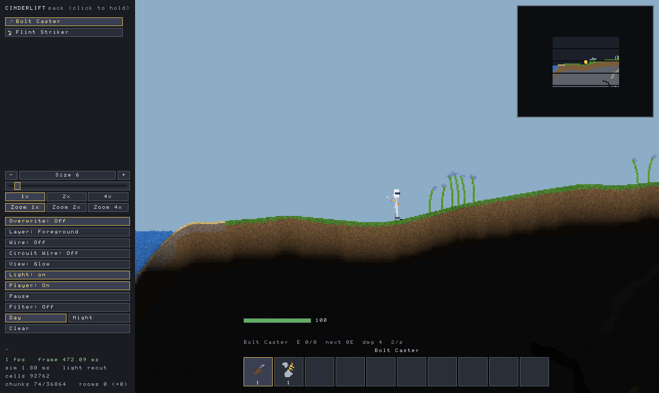 Cinderlift in play: the material and machine panel on the left, a grassy surface over dark rock, the character standing at the edge of a slope.